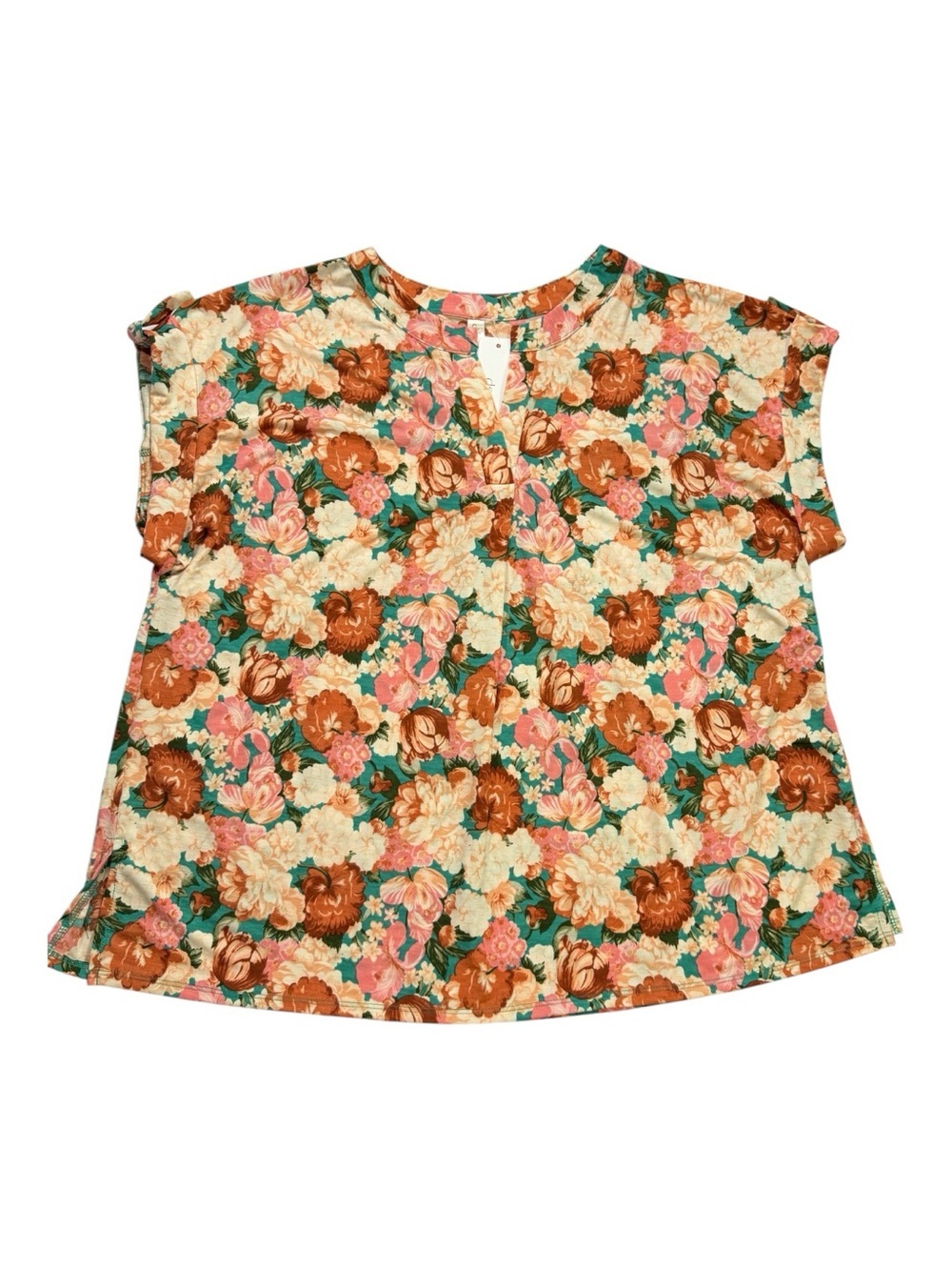 Dear Scarlett Floral Short Sleeve Blouse XL Teal Peach Rust